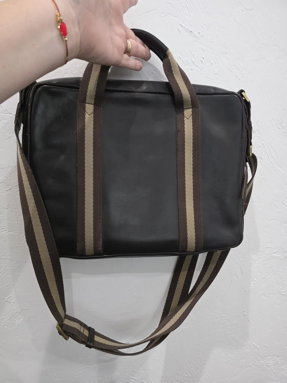 MCM Brown Leather Laptop Briefcase with Striped Webbing Straps